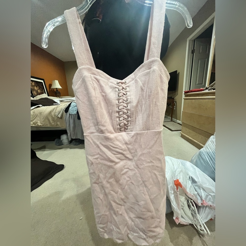 pink lace up front dress